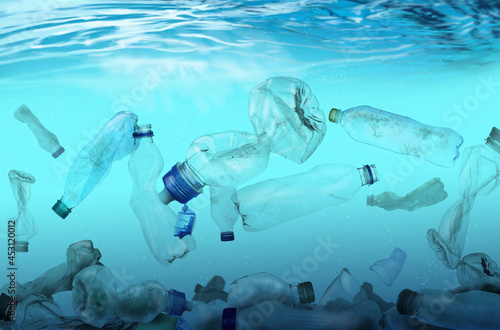 Plastic garbage in ocean. Marine pollution
