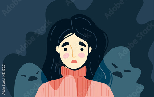 Generalized anxiety concept. Frightened, scared woman surrounded by imaginary ghosts flying around her. Panic attack, fears, paranoia, sleeping disorder. Vector hand-drawn illustration