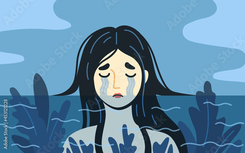 Depression concept. Unhappy crying woman drowning in sea of tears. Vector hand-drawn illustration