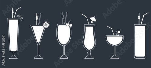 Set of white cocktaile icons. Vector alcohol drink illustration. Deep blue background.