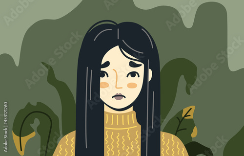 Portrait of depressed person with withering plants on the background. Concept of apathy, depression, fatigue and psychological disorder. Vector hand-drawn illustration