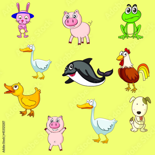 Domestic animals with rabbit  pig  frog  duck  whale  chicken  rooster  dog flat icon color collection set