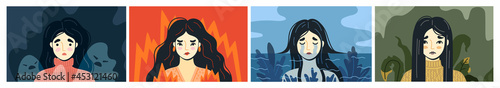 Set of unhappy sad people with depression, anxiety, bad mood, anger and fear. Mental disorders, negative emotions and psychological states. Colored hand-drawn flat vector illustrations