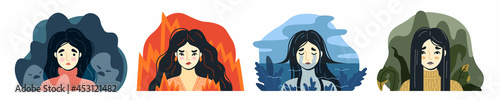 Depression, anxiety, apathy and anger. Portraits of women suffering from mental disorders and bad mental states. Colored flat vector illustration