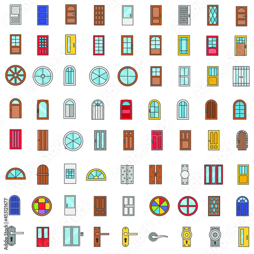 Doors and windows flat icon color collection set
