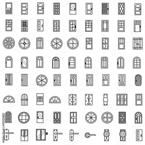 Outline Doors and windows flat icon collection set