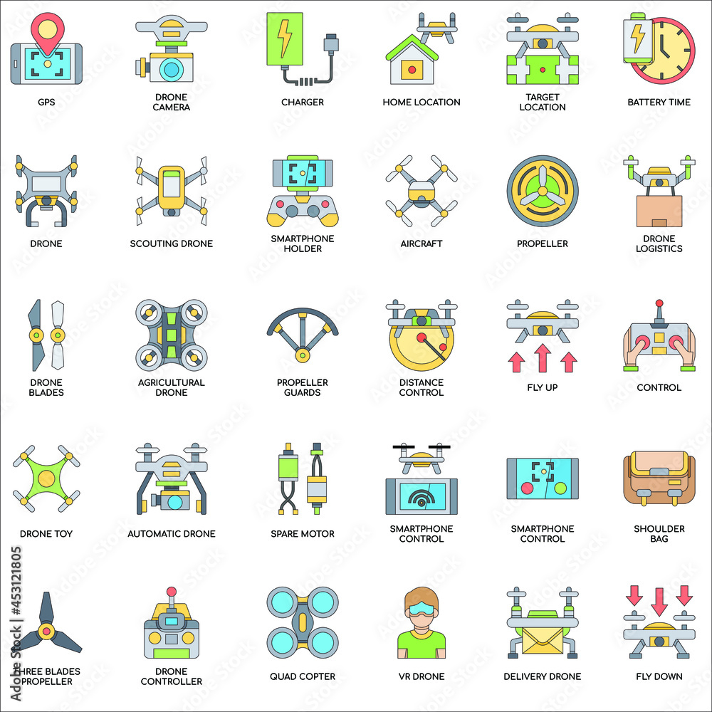 Drone elements color flat icon collection set
