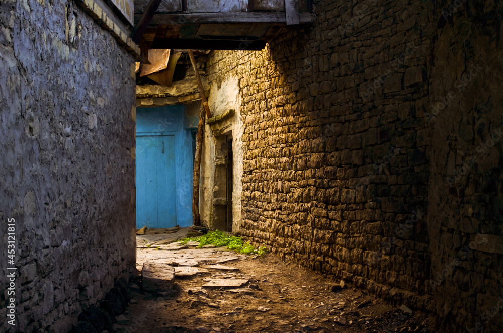 narrow street in old village, village Kubachi, Dagestan