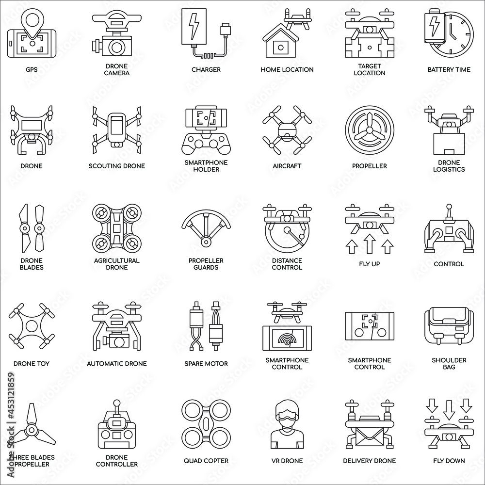 Outline Drone elements flat icon collection set Outline Drone elements flat icon collection set