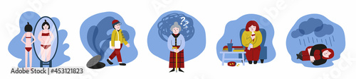 Anorexia, bulimia, depression, eating disorder, paranoia, panic attack, dementia and alzheimer. Mental illness concepts, behavioral problem and psychiatric condition. Set of flat vector illustration
