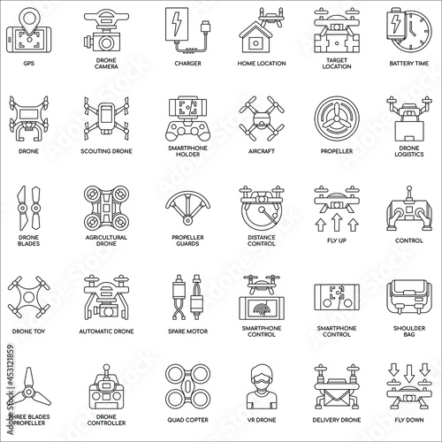Outline Drone elements flat icon collection set