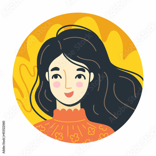 Round portrait of happy woman. Bright positive emotion, joy. Mental health and happiness. Flat vector illustraiton