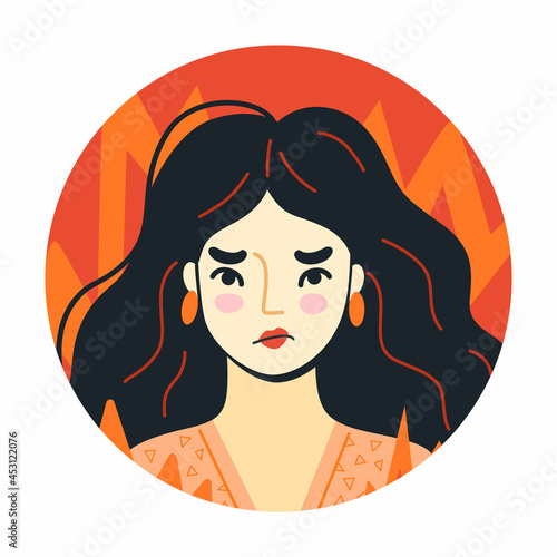 Angry furious woman in fire. Uncontrollable anger. Overworked person on the verge of psychological breakdown. Round vector hand-drawn illustration