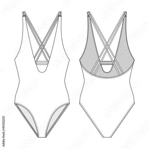 Fashion technical drawing of one-piece swimsuit with straps