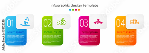 Set line Windsurfing, Submarine, Plane and Tram and railway. Business infographic template. Vector