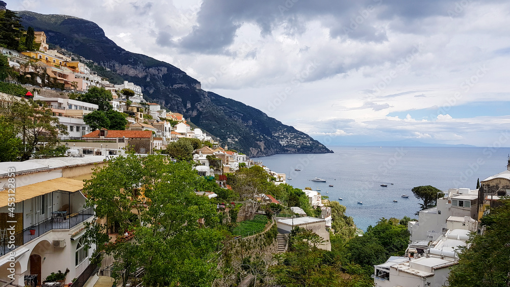 Lovely View from the Cliffside Village Positano, province of Salerno, the region of Campania, Amalfi Coast, Costiera Amalfitana, Italy