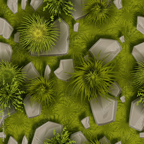 Grass stone vector seamless pattern, ground rock top view texture, green bushes, gray boulders, moss. Game nature environment tile, landscape path background, plants, wreck. Grass stone surface