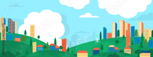 Vector poster overlooking the valley with houses and skyscrapers. Suburban houses with trees and windmills.