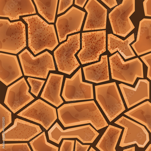 Dry soil seamless texture, vector cracked desert ground pattern, game drought cracked clay background. Nature environment cartoon tile, empty hot erosion surface. Landscape dry soil summer backdrop