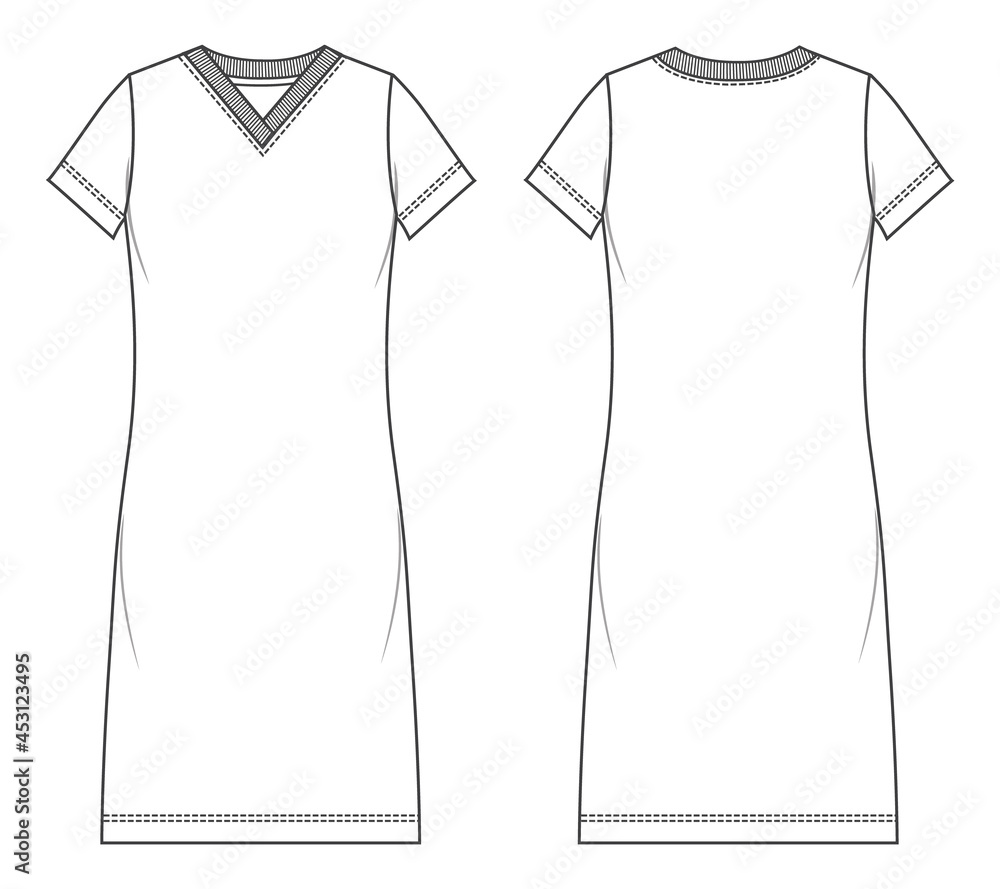 V-neck Ladies long stylish dress overall technical fashion sketch ...