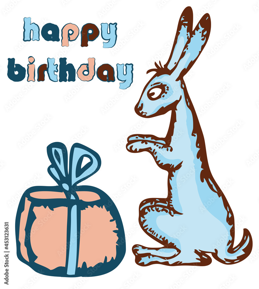 Greeting birthday card with blue rabbit and gift box Greeting birthday card with blue rabbit and gift box