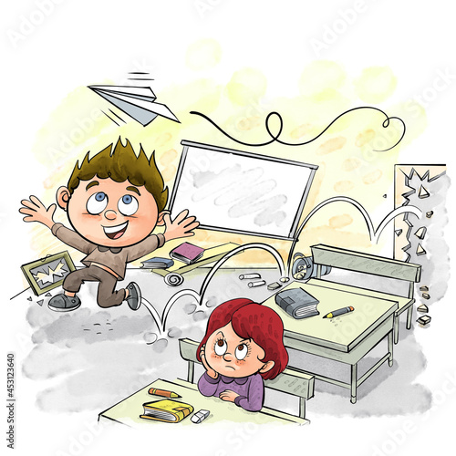 Фотография hyperactive kid running in class and disturbing his friend
