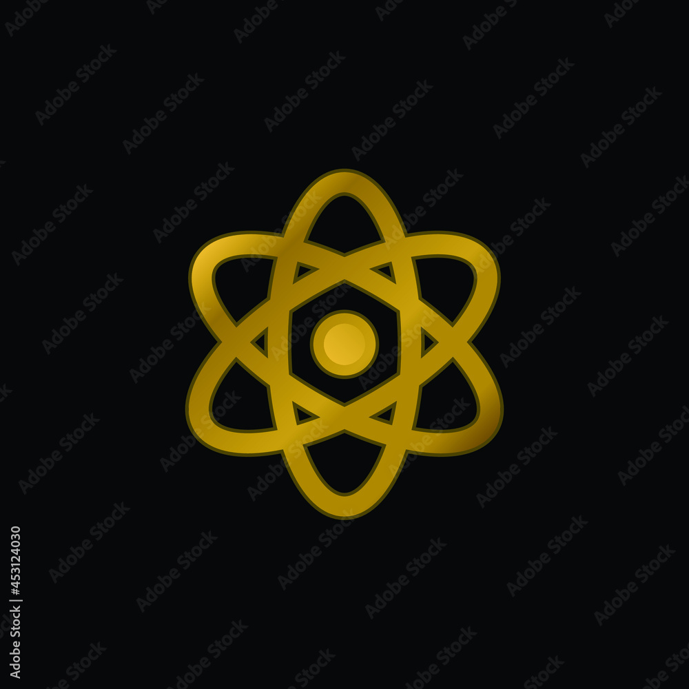 Atom gold plated metalic icon or logo vector