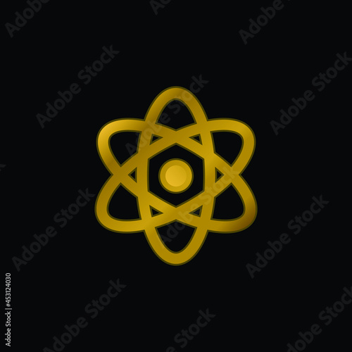 Atom gold plated metalic icon or logo vector