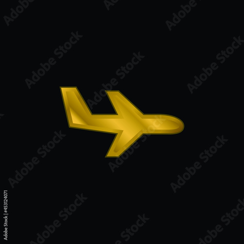 Aeroplane Flying gold plated metalic icon or logo vector