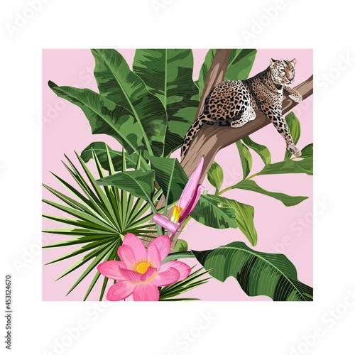 Graceful leopard and tropical leaves. Savana cat. Elegant poster, t-shirt composition, hand drawn style print.  Pink background.