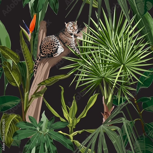 Seamless pattern with exotic trees, plants, flowers and leopard jaguar animals on black background.	