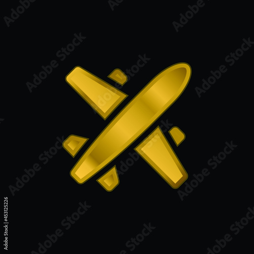 Airplane gold plated metalic icon or logo vector