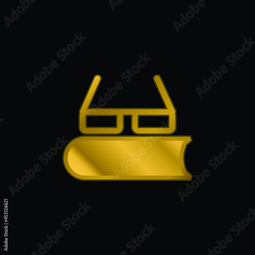 Book With Eyeglasses gold plated metalic icon or logo vector
