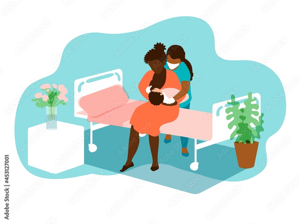 African American woman breastfeeding her newborn baby. The nurse helps her to attach the baby to