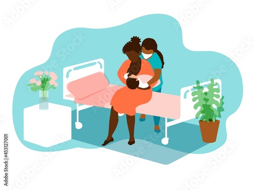 African American woman breastfeeding her newborn baby. The nurse helps her to attach the baby to the breast. Lactation support, information about the postpartum period. Vector illustration EPS10