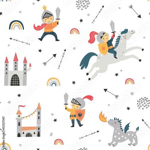 Childish seamless pattern with knight, dragon and castle. Perfect for kids design, fabric, wrapping, wallpaper, textile, apparel
