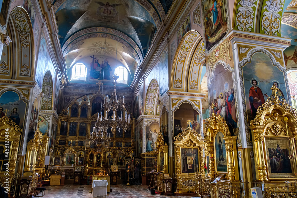 Interior of Orthodox Holy Trinity stauropegial patriarchal Convent in Korets, Rivne region, Ukraine. August 2021
