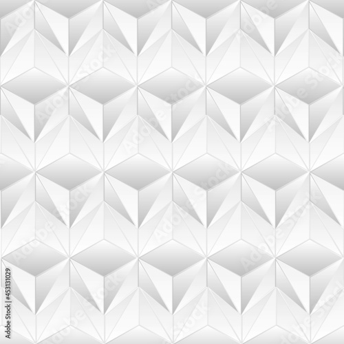 Abstract white triangular background. Extruded triangle tiles. Interior design concept. 3d render illustration. Geometry pattern. Random cells. Polygonal plaster surface. © Achira22