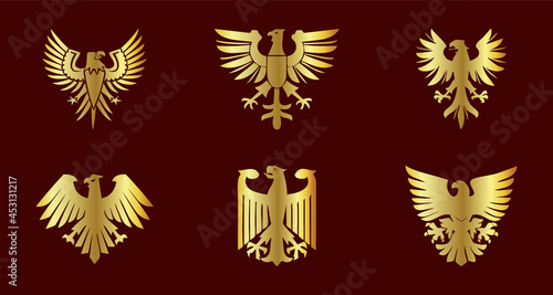 Golden eagle vector element set on red background