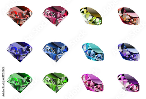 Gemstone vector icons in blue, sky, red, green and pink color. Set of 12 icons