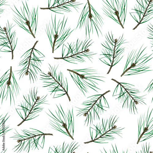 Pine branches and needles watercolor seamless pattern. Template for decorating designs and illustrations.