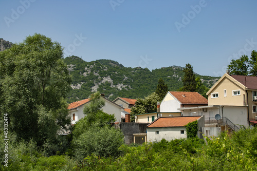 Green trees and plants around the picturesque village. Red roofs of houses. Mountains and blue sky on the background.
