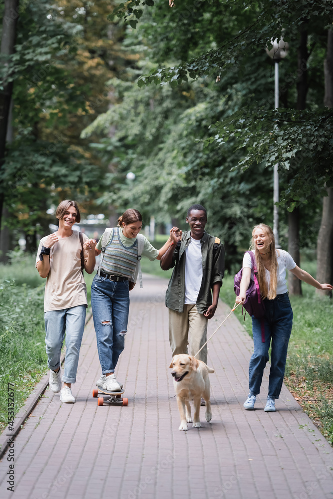 Obraz premium Positive interracial teenagers having fun with retriever and skateboard