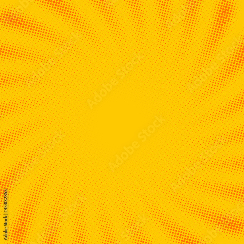 Yellow dotted halftone sunbeams background..