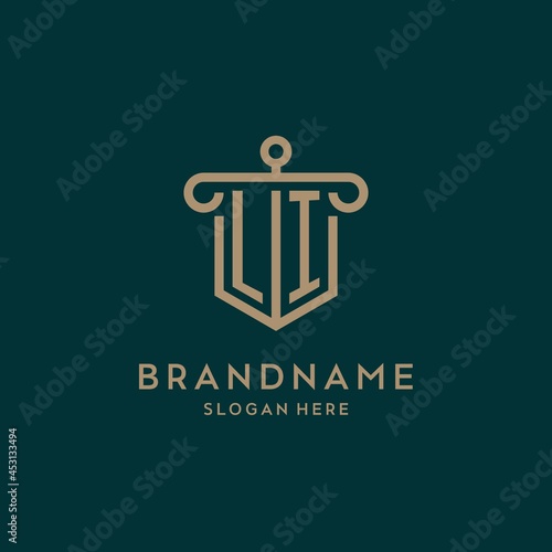LI monogram initial logo design with shield and pillar shape style