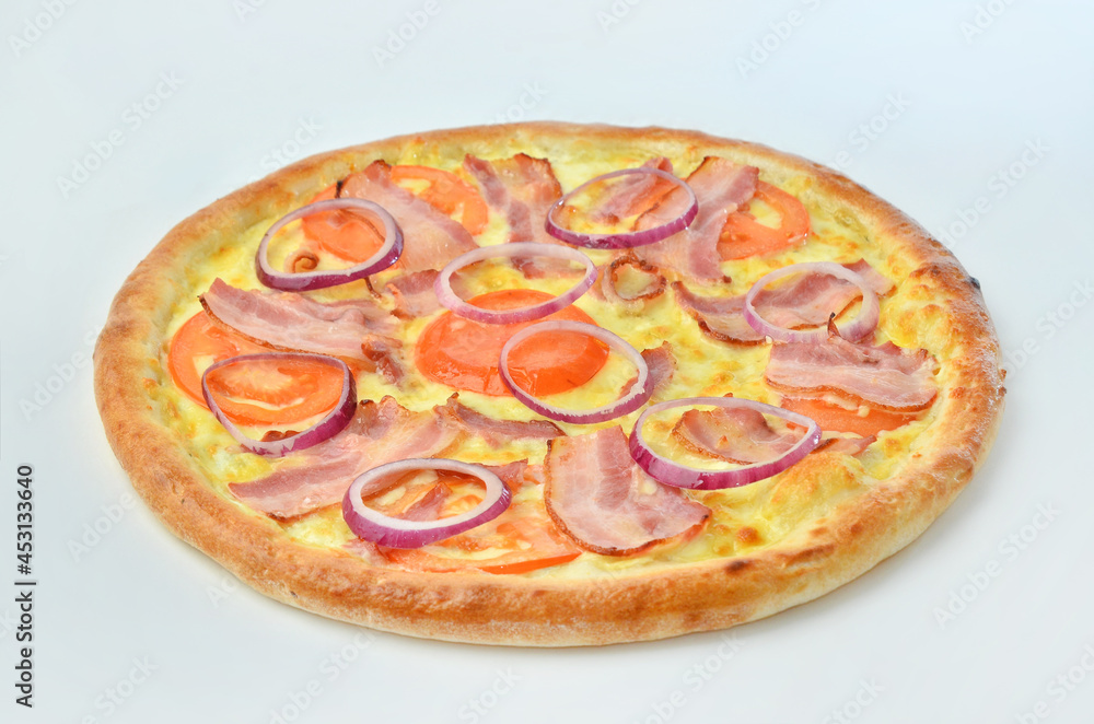 pizza with ham, onion, tomato and cheese pizza with ham, onion, tomato and cheese