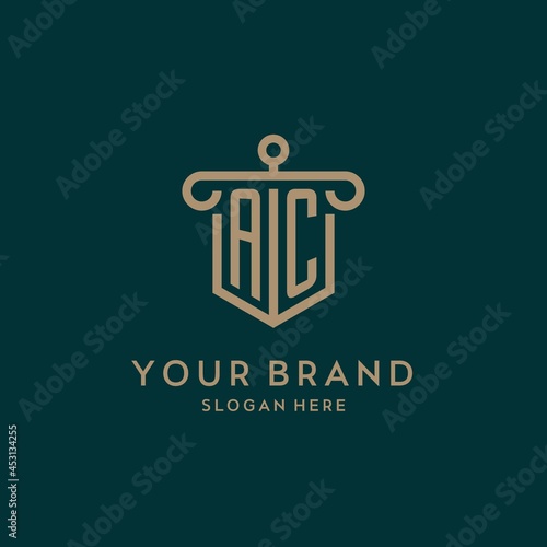 AC monogram initial logo design with shield and pillar shape style