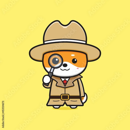 Cute shiba inu detective holding magnifier cartoon icon illustration