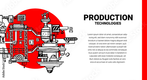 Vector Template with Illustration of Complex Mechanism of Product Production and Text Space. Line Art Style Design of Black and White Retro Machine