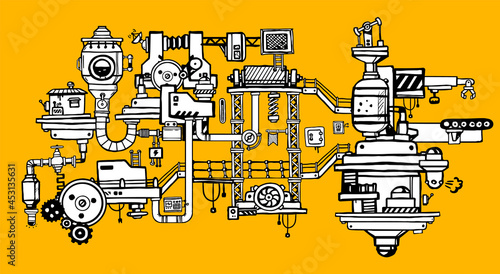 Vector Illustration of Complex Mechanism of Product Production. Line Art Style Design of Black and White Retro Machine